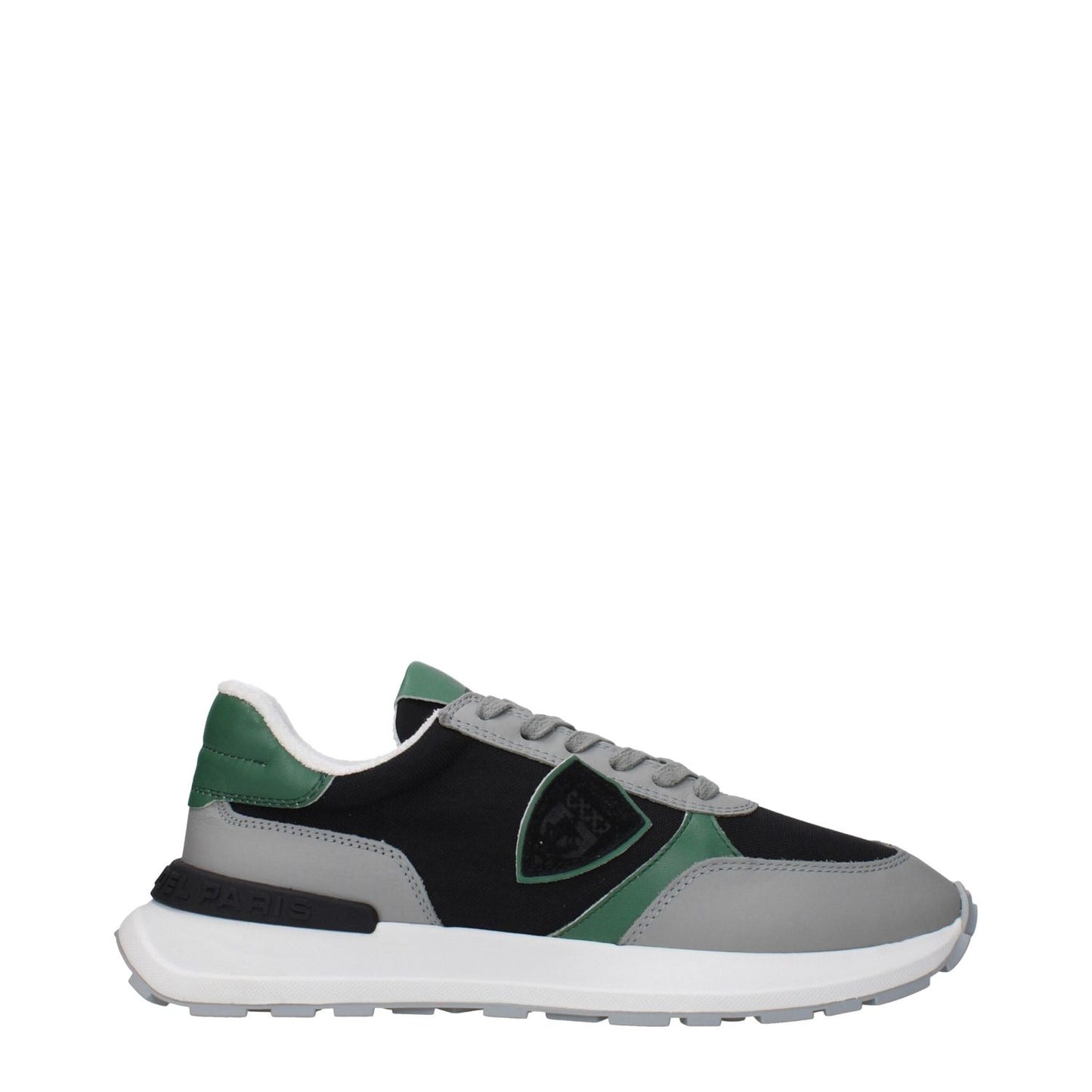 Philippe Model Black Fabric Athletic Sneakers with front and back logos, side detail, MPN ATLUZ0TESSUTOPELLETB316, green and gray accents.