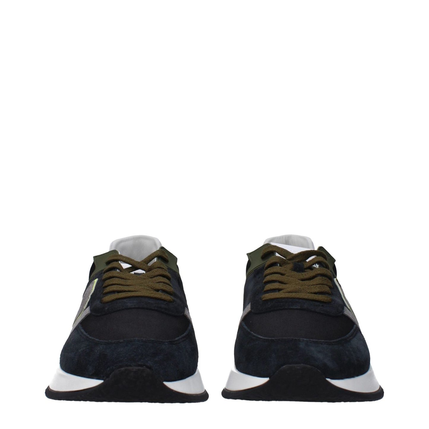 Philippe Model Blue Leather Athletic Sneakers with front logo, suede design, side and back details.