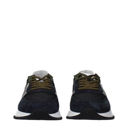 Philippe Model Blue Leather Athletic Sneakers with front logo, suede design, side and back details.