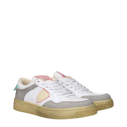 Alt Tag: Philippe Model White Leather Low Top Sneakers with vintage effect, gray accents, round toe, and lace-up closure.
