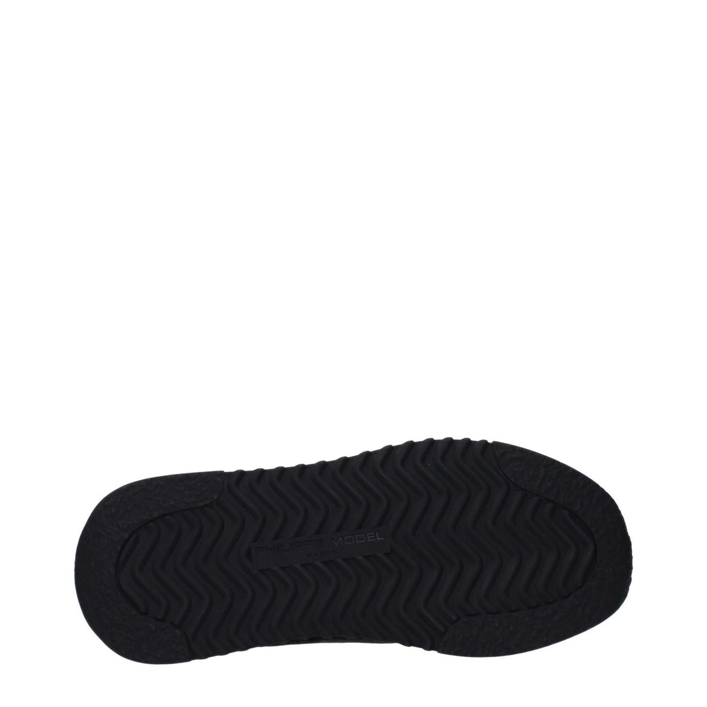 Sole of Philippe Model Blue Leather Athletic Sneakers with logo and unique tread design, view from underneath the sneaker.