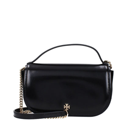 Tory Burch Black Leather Handbag with front logo and adjustable, removable shoulder strap.