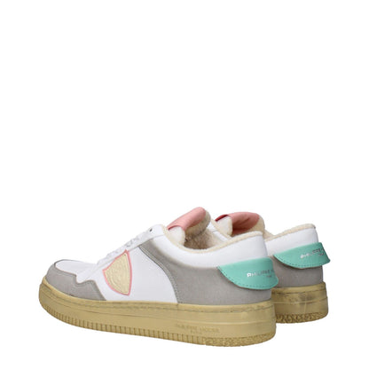 Philippe Model White Leather Low Top Sneakers with vintage effect, aged look, and teal accents. Code F83337, MPN LYLDCPTB201.