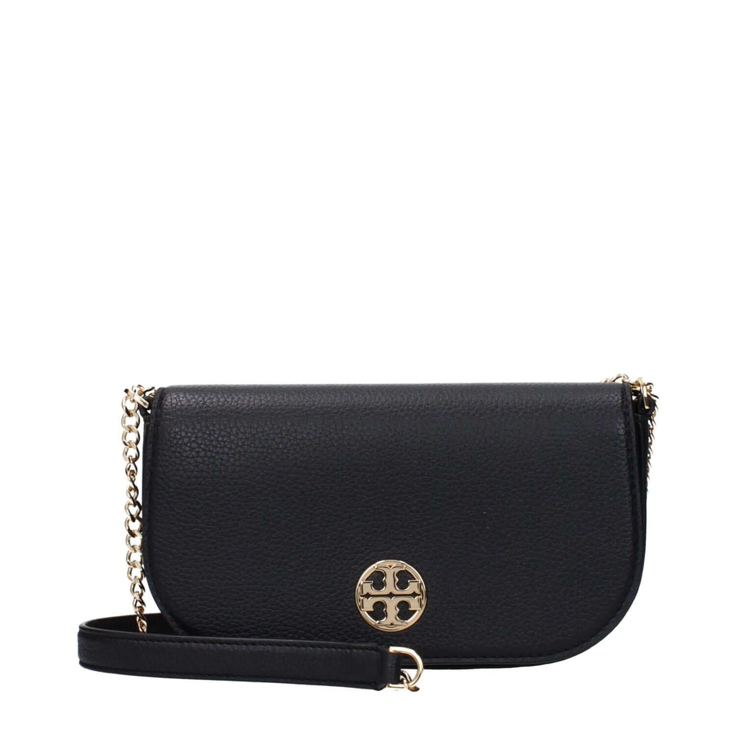 Tory Burch Black Leather Crossbody Bag with gold logo and chain strap, small casual style with magnetic closure.