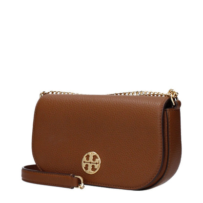 Tory Burch Brown Leather Crossbody Bag with gold logo on front, featuring a stylish chain strap design.