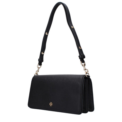 Tory Burch Black Leather Shoulder Bag with logo, adjustable handle, removable handle, front logo, inner pocket divider