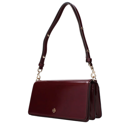Tory Burch Red Leather Shoulder Bag with adjustable strap, front logo, and divider pocket.