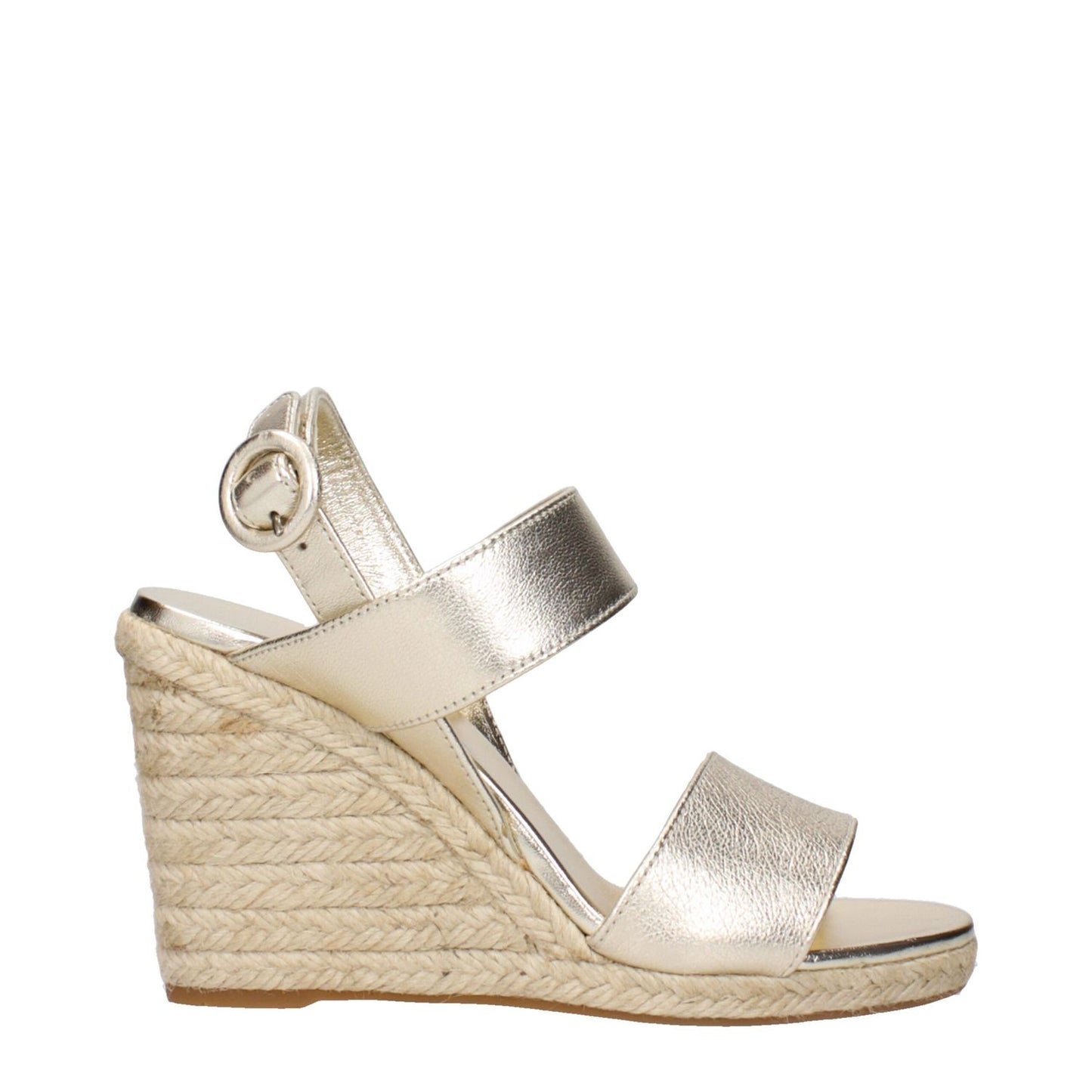 Prada Gold Leather Wedge Sandals with vintage effect featuring gold leather and classic design.