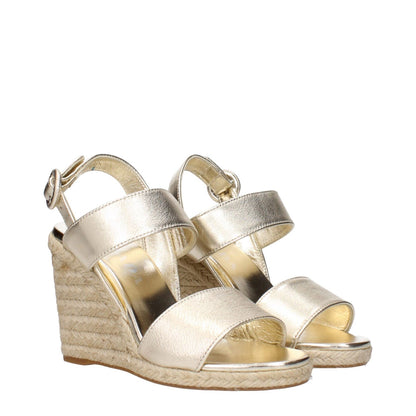 Prada Gold Leather Wedge Sandals with vintage effect, featuring a stylish gold leather design and comfortable wedge heel.