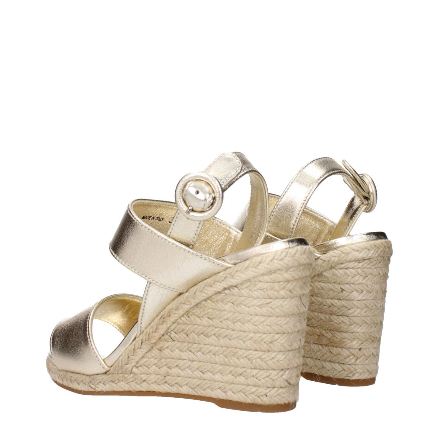 Prada Gold Leather Wedge Sandals featuring vintage effect and stylish buckle detail, perfect for a chic, elevated look.