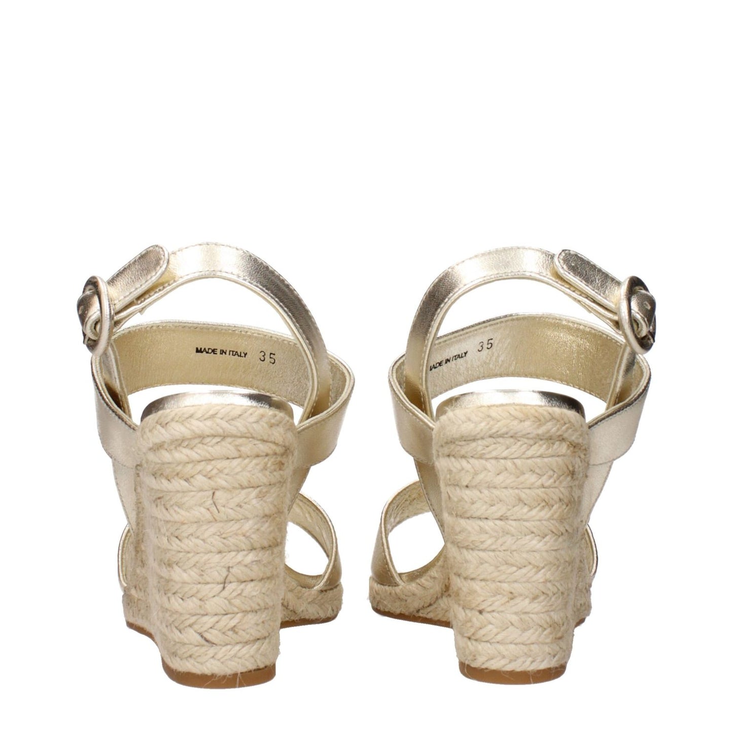 Prada Gold Leather Wedge Sandals with vintage effect, MPN 1XZ69204C095F0846, F83676, shown from the back, 35 size.