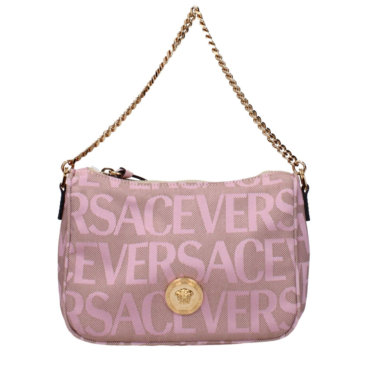 Versace Pink Fabric Handbag with logo, removable shoulder chain, and gold emblem, product code F83540, style MPN 10126461A131852PL5V.