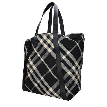 Burberry Black Fabric Shoulder Bag with check print, maxi size, beige accents, and silver details, featuring multiple pockets and adjustable handles.