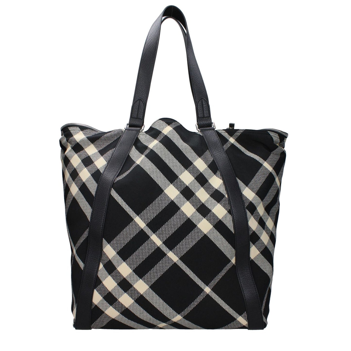 Burberry Black Fabric Shoulder Bag with check print pattern, casual maxi size, beige details, and silver accents, 37x43 cm.