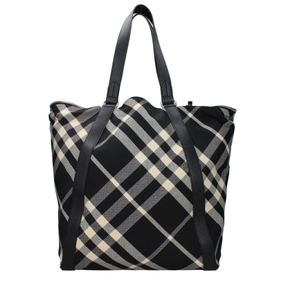 Burberry Black Fabric Shoulder Bag with check print pattern, casual maxi size, beige details, and silver accents, 37x43 cm.