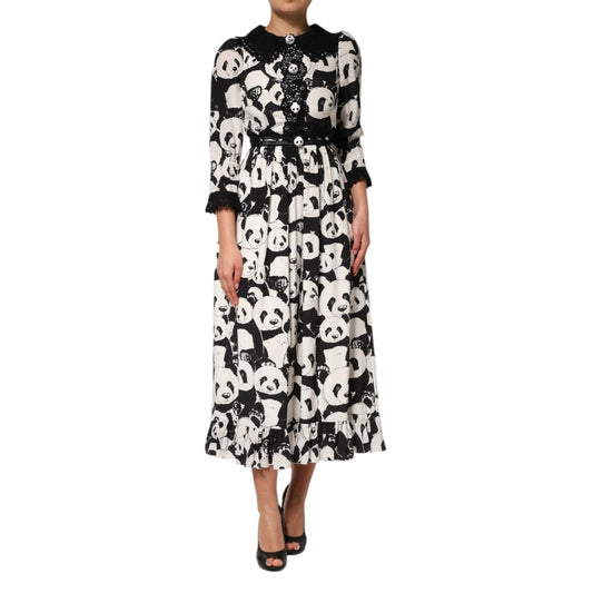 Dolce & Gabbana White Black Panda Print Flared Midi Dress DR81813-40