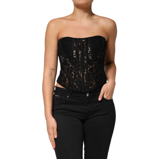 Dolce & Gabbana Black Strapless Floral Lace Bustier Cropped Top TSH90635-42