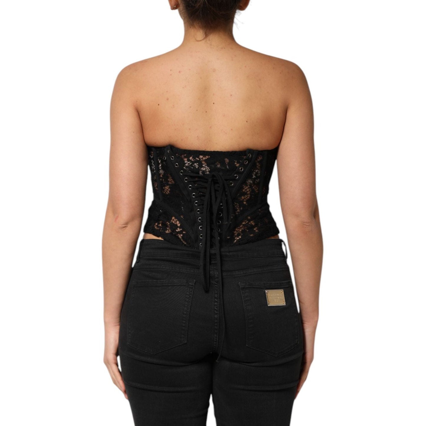 Dolce & Gabbana Black Strapless Floral Lace Bustier Cropped Top TSH90635-42