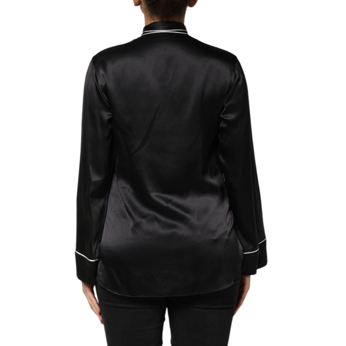 Dolce & Gabbana Black Silk Ascot Collared Button Blouse Top