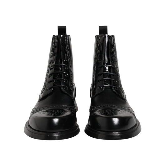 Dolce & Gabbana Black Leather Lace Up Mid Calf Boots Shoes MV7698-44