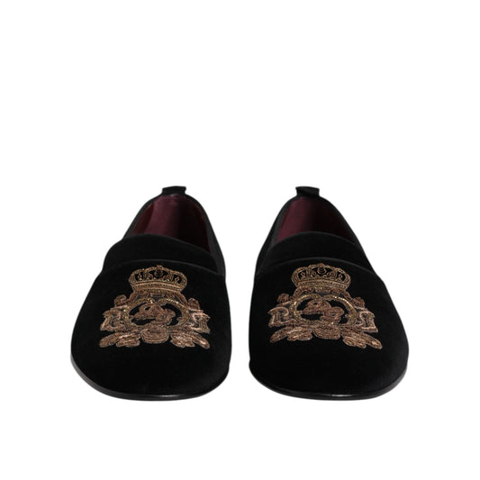 Dolce & Gabbana Black Velvet Gold Crown Mens Loafers Shoes MV7628-46