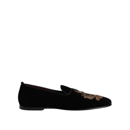 Dolce & Gabbana Black Velvet Gold Crown Mens Loafers Shoes MV7628-46