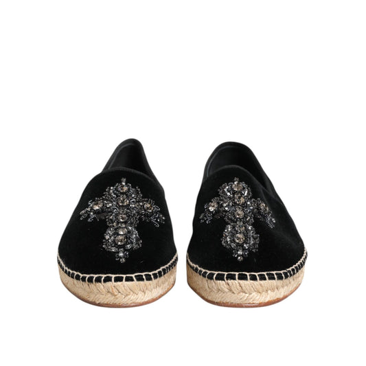 Dolce & Gabbana Black Cross Crystal Slip On Espadrille Shoes MV7774-39