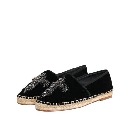 Dolce & Gabbana Black Cross Crystal Slip On Espadrille Shoes