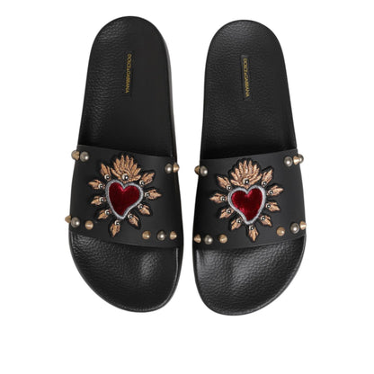 Dolce & Gabbana Black Rubber Sacred Heart Slides Men Beachwear Shoes