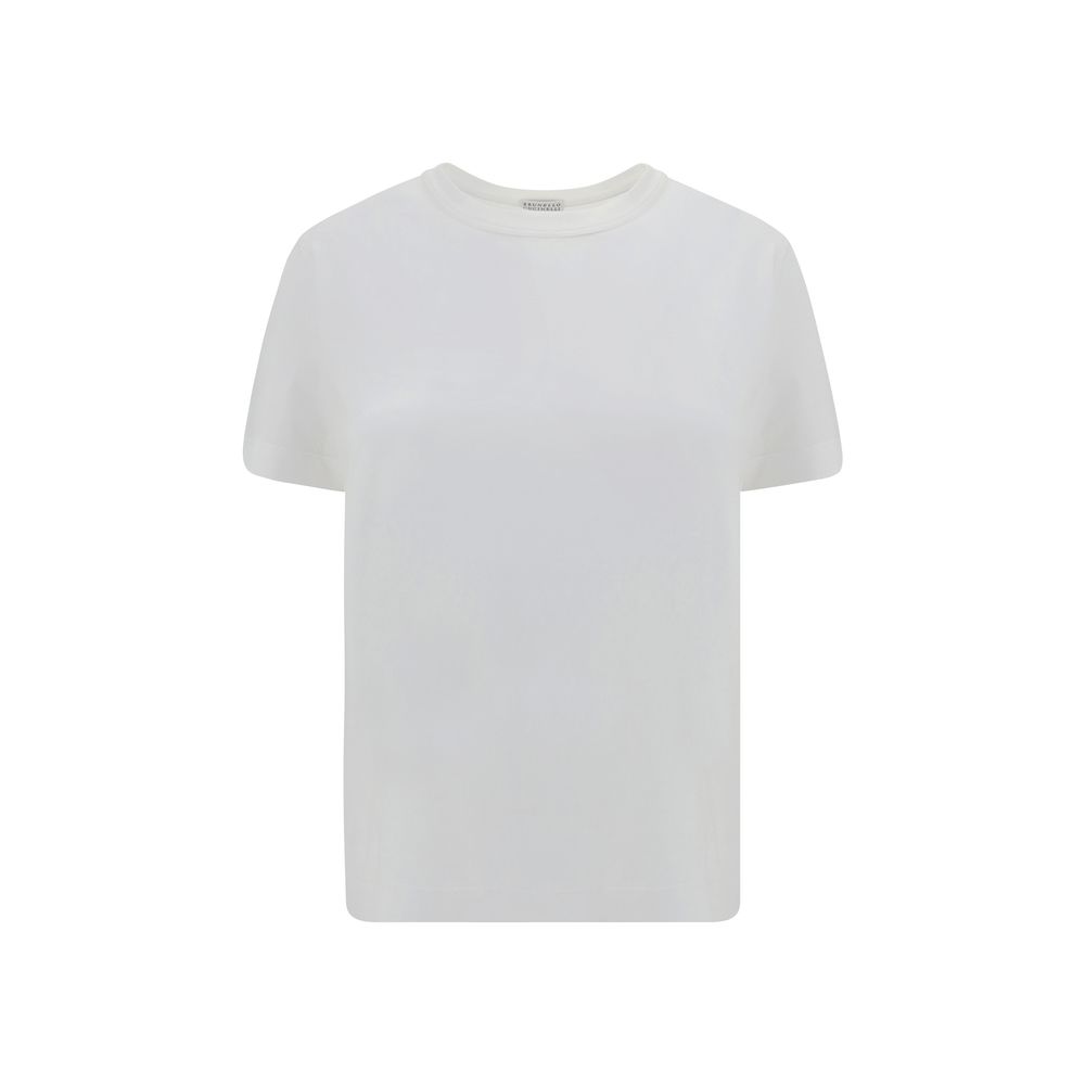 Brunello Cucinelli White Cotton T-Shirt with ribbed crew neck and jewel detail back, offering a luxurious and versatile design.