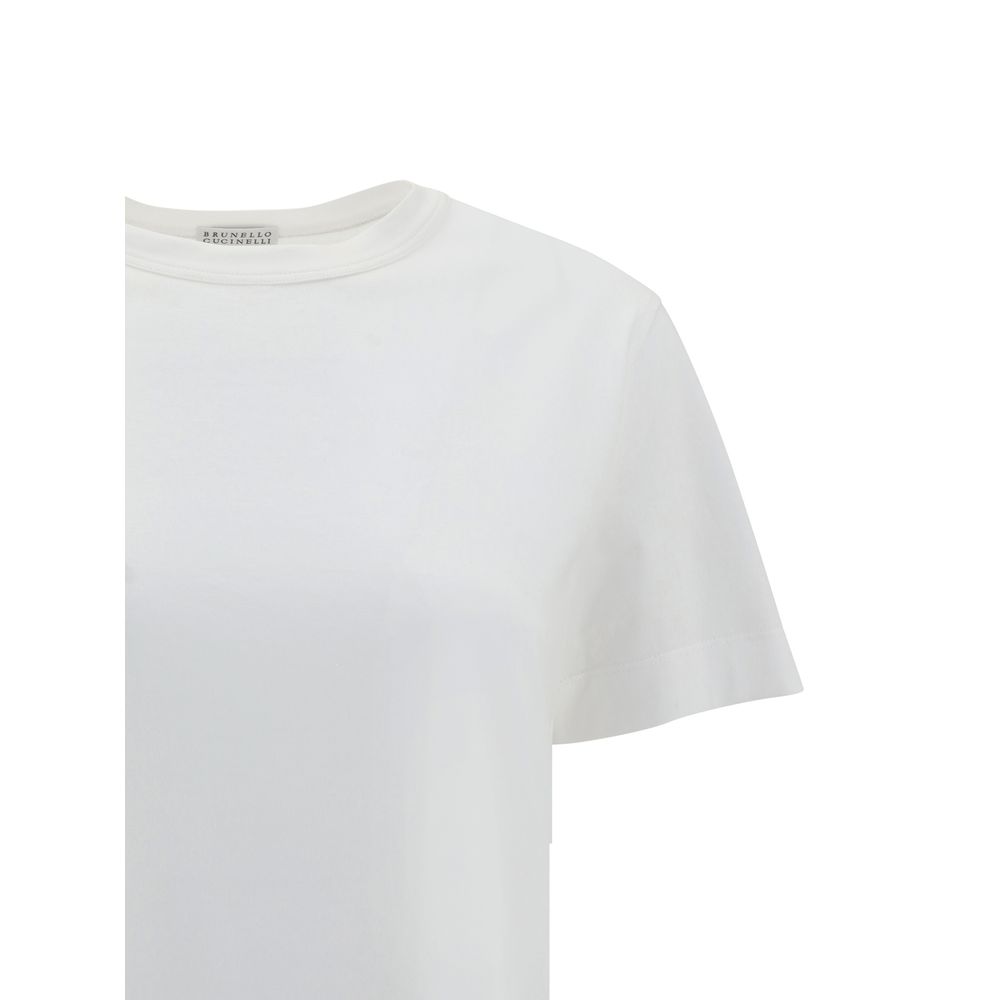 Brunello Cucinelli White Cotton T-Shirt with ribbed crew neck and jewel detail on the back for a luxurious touch, regular fit, monochrome design.