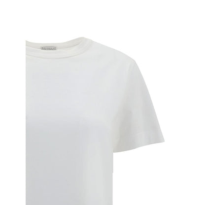 Brunello Cucinelli White Cotton T-Shirt with ribbed crew neck and jewel detail on the back for a luxurious touch, regular fit, monochrome design.