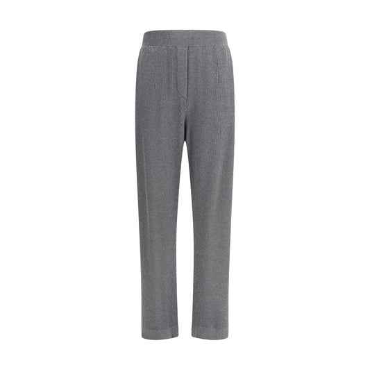 Brunello Cucinelli Gray Cotton Casual Pants with ribbed design and elastic waist, featuring side welt pockets, ideal for refined casual looks.