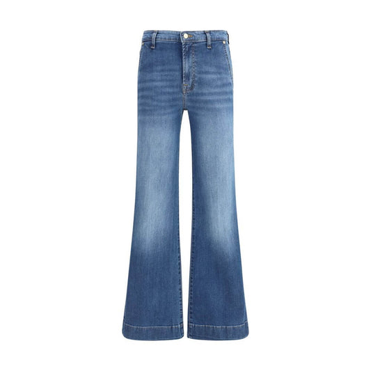 7FOR Blue Cotton Flared Jeans with modern flare cut, front zipper, button closure, and patch pockets, ideal for contemporary feminine looks.