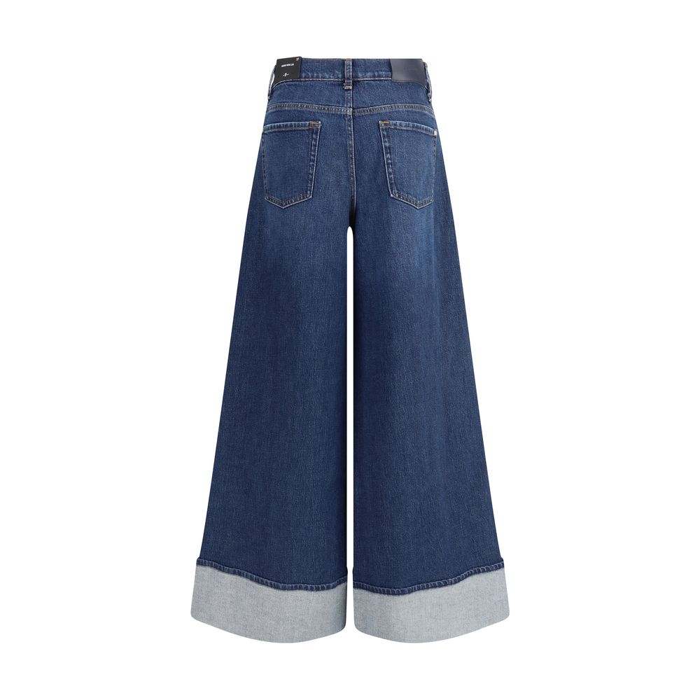 Back view of 7FOR Blue Cotton Jeans Denim featuring wide leg design, turn-up cuffs, and classic style with five-pocket detail.