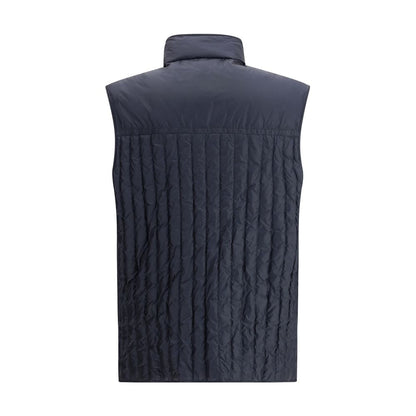 Back view of Moncler x Donald Glover Blue Polyamide Sleveless Jacket featuring vertical quilting.