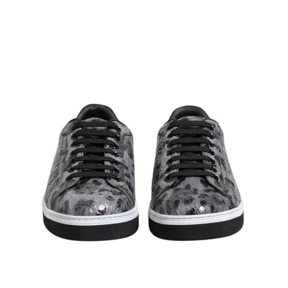 Dolce & Gabbana Gray Leather Leopard Low Top Sneakers Shoes
