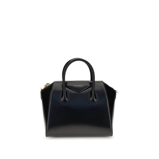 Givenchy Black Calf Leather Bos Taurus Handbag with gold embossed logo, featuring zipper closure and adjustable shoulder strap.