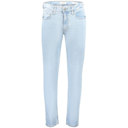 Guess Jeans Blue Cotton Men Jeans in light blue, modern slim-fit denim with classic five-pocket detail and button closure for style and comfort.
