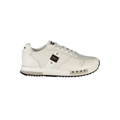 Blauer White Leather Men Sneaker with removable insole, contrasting details, and Blauer logo, side view of stylish sports shoe.