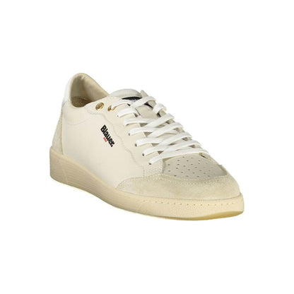 Blauer White Leather Men Sneaker with bold contrasting details and logo, featuring a comfortable, removable insole for fashion-forward style.