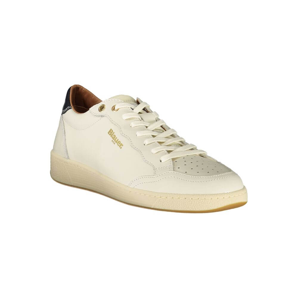 Blauer White Leather Men Sneaker with blue accents, featuring a removable insole for comfort and iconic Blauer logo.