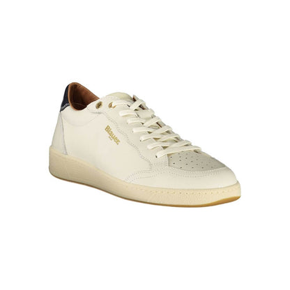 Blauer White Leather Men Sneaker with blue accents, featuring a removable insole for comfort and iconic Blauer logo.