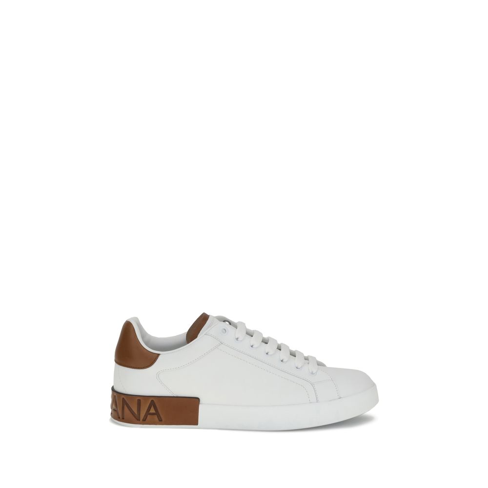Dolce & Gabbana White Calf Leather Bos Taurus Low Top Sneakers with logo stripe on heel.