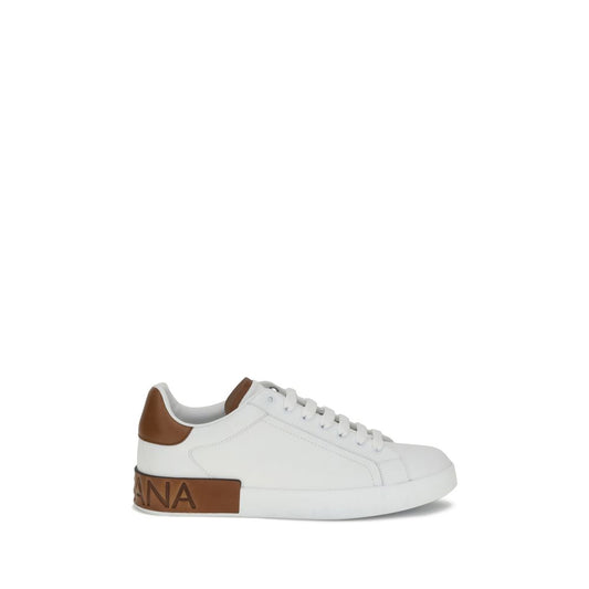 Dolce & Gabbana White Calf Leather Bos Taurus Low Top Sneakers with logo stripe on heel.
