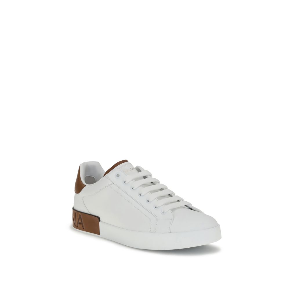 Dolce & Gabbana White Calf Leather Bos Taurus Low Top Sneakers with logo stripe and heel detail, AW25 collection.