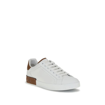 Dolce & Gabbana White Calf Leather Bos Taurus Low Top Sneakers with logo stripe and heel detail, AW25 collection.