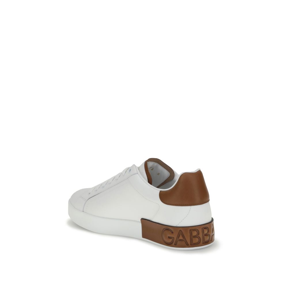 Dolce & Gabbana White Calf Leather Bos Taurus Low Top Sneakers with brown heel detail and logo stripe back view.