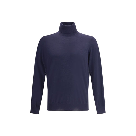 Brunello Cucinelli Blue Fleece Wool Turtleneck with ribbed collar, cuffs, and hem for timeless sophistication.