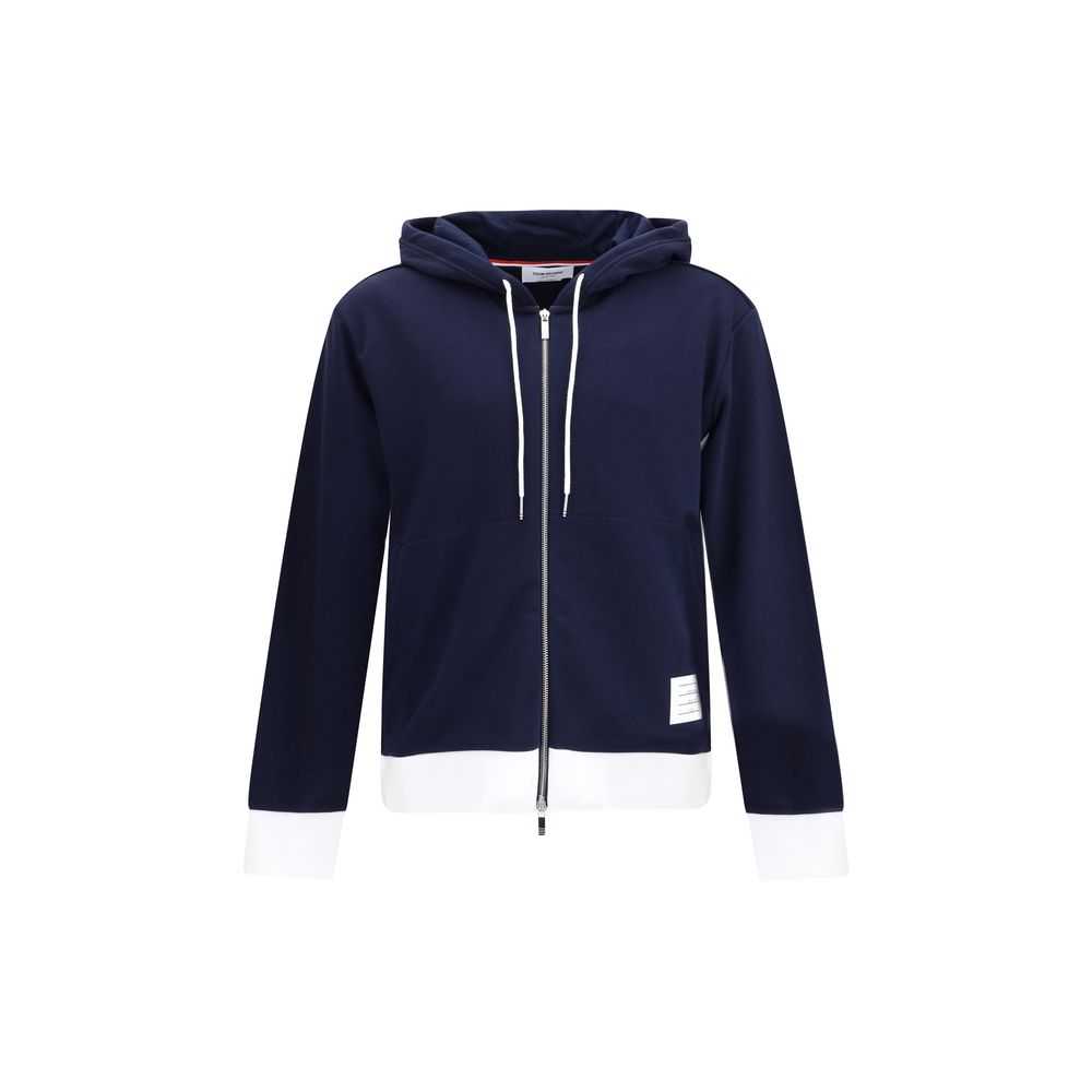 Thom Browne Blue Cotton Sweatshirt with adjustable hood, zipper, and contrasting cuffs, featuring signature brand patch, 100% cotton.